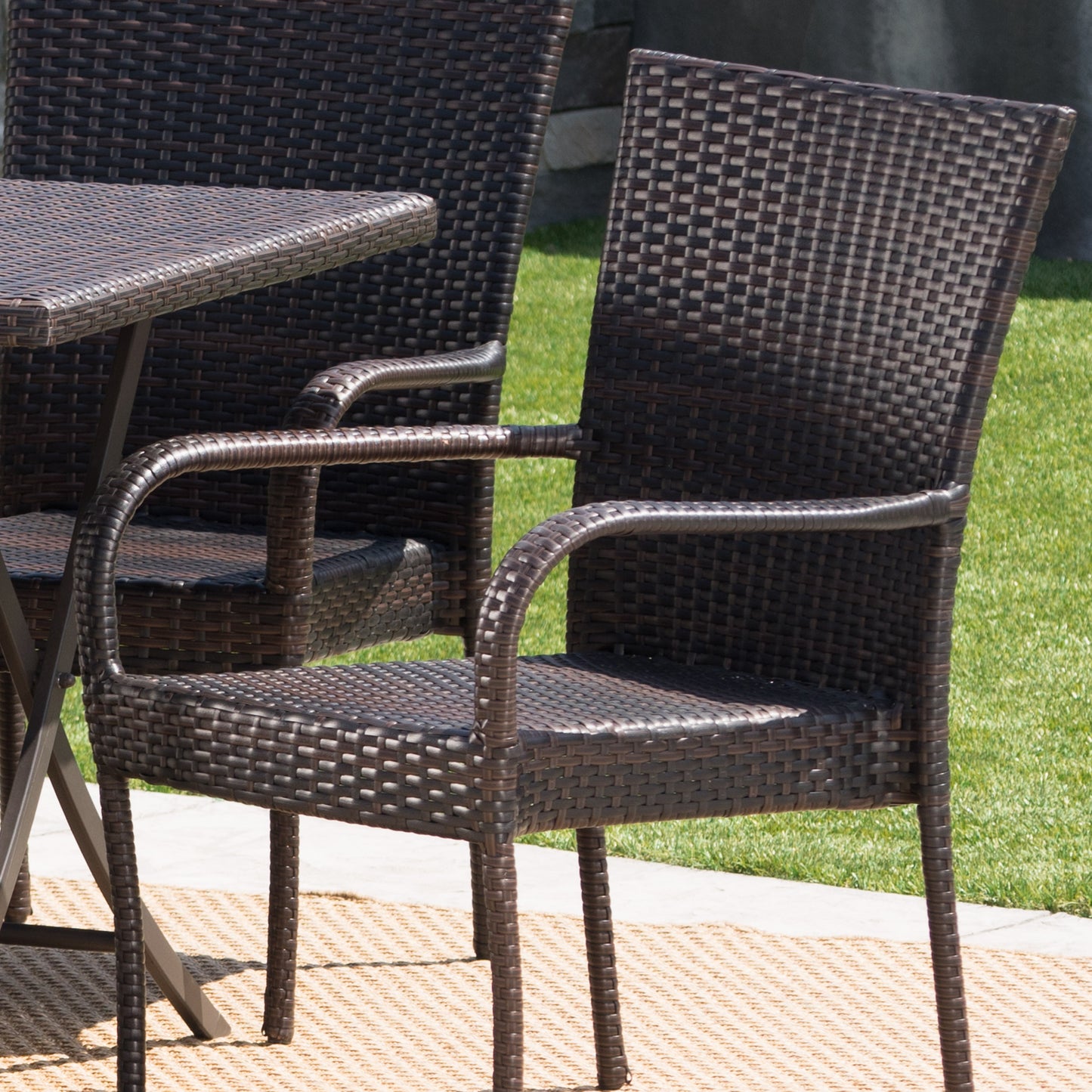 Nina Outdoor 7-Piece Multi-Brown Wicker Dining Set with Foldable Table