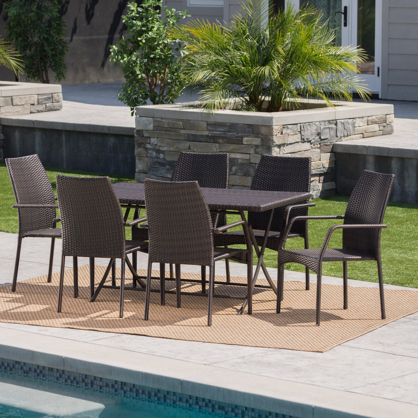 Arya Outdoor 7 Piece Multi-brown Wicker Dining Set with Foldable Table and Stack