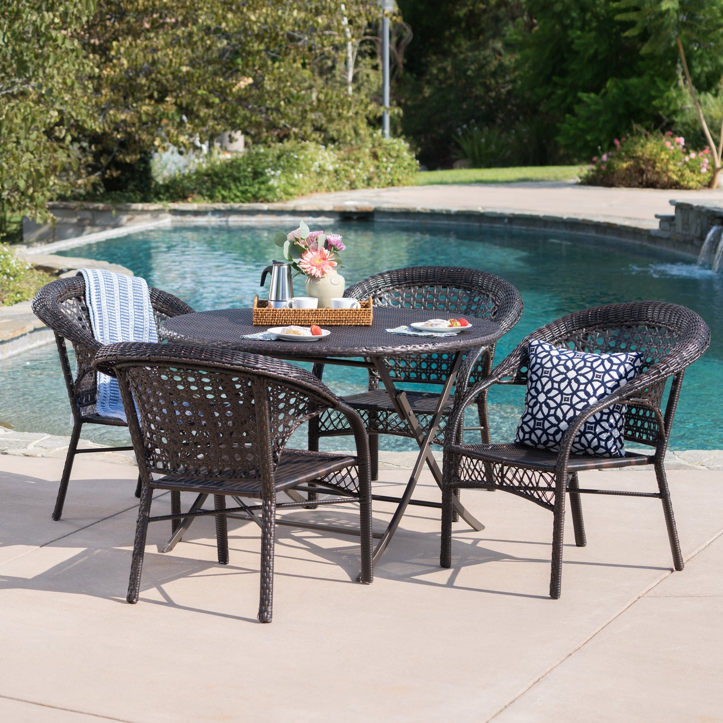 Mackenzie Outdoor 5 Piece Wicker Dining Set with Foldable Table and Chair