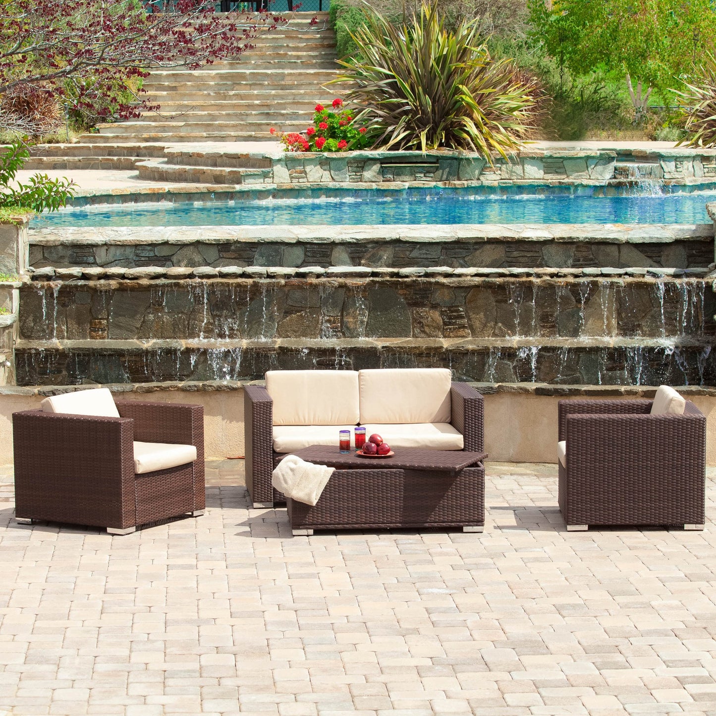 Montague Outdoor 4-Piece Brown Wicker Sofa Set with Storage Ottoman Table
