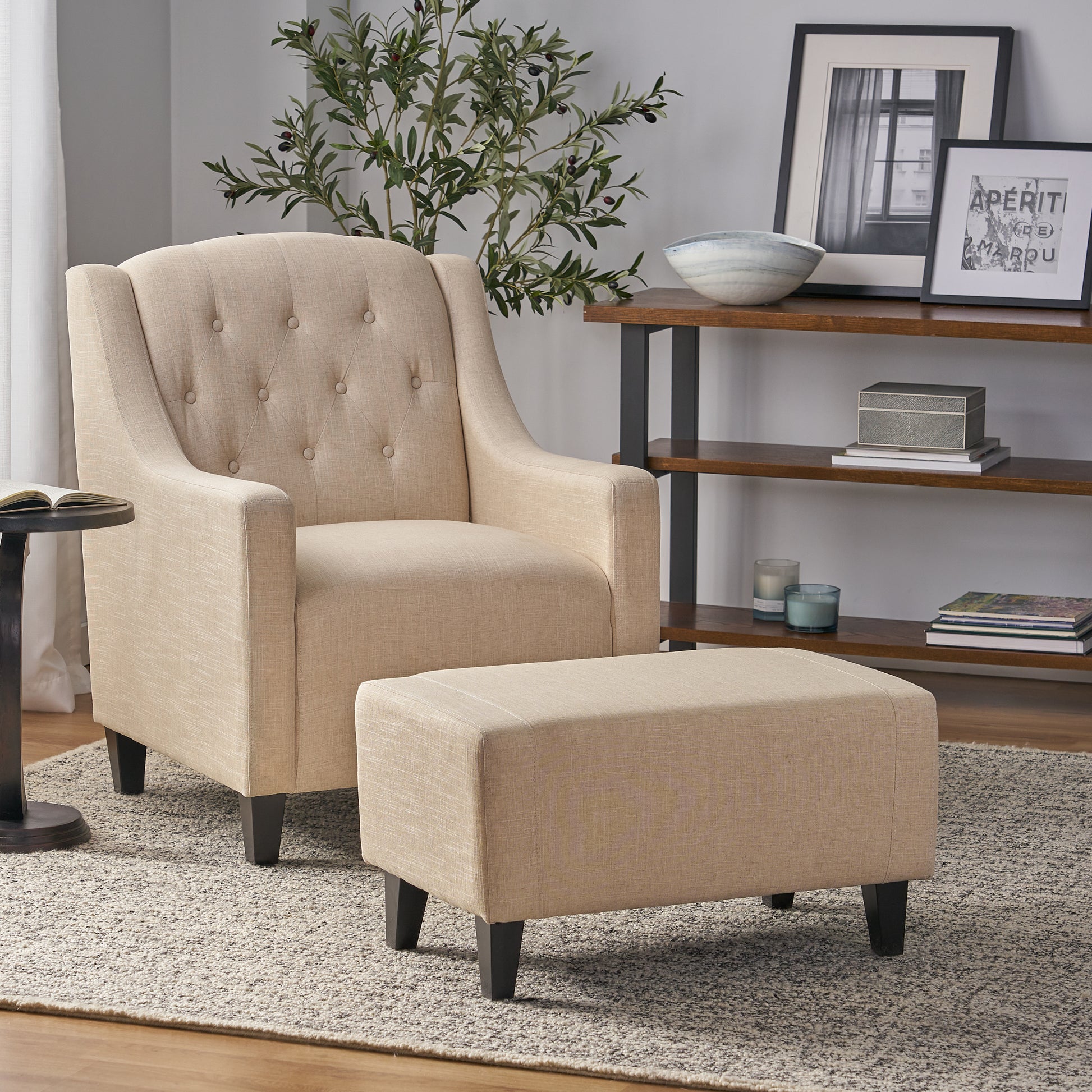 Empierre Tufted Light Beige Fabric Chair and Ottoman