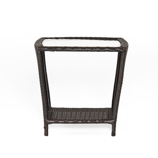 Easton Modern Outdoor Brown Wicker Side Table with Tempered Glass Top