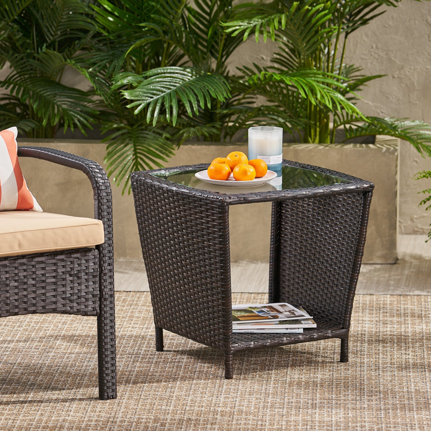 Easton Modern Outdoor Brown Wicker Side Table with Tempered Glass Top