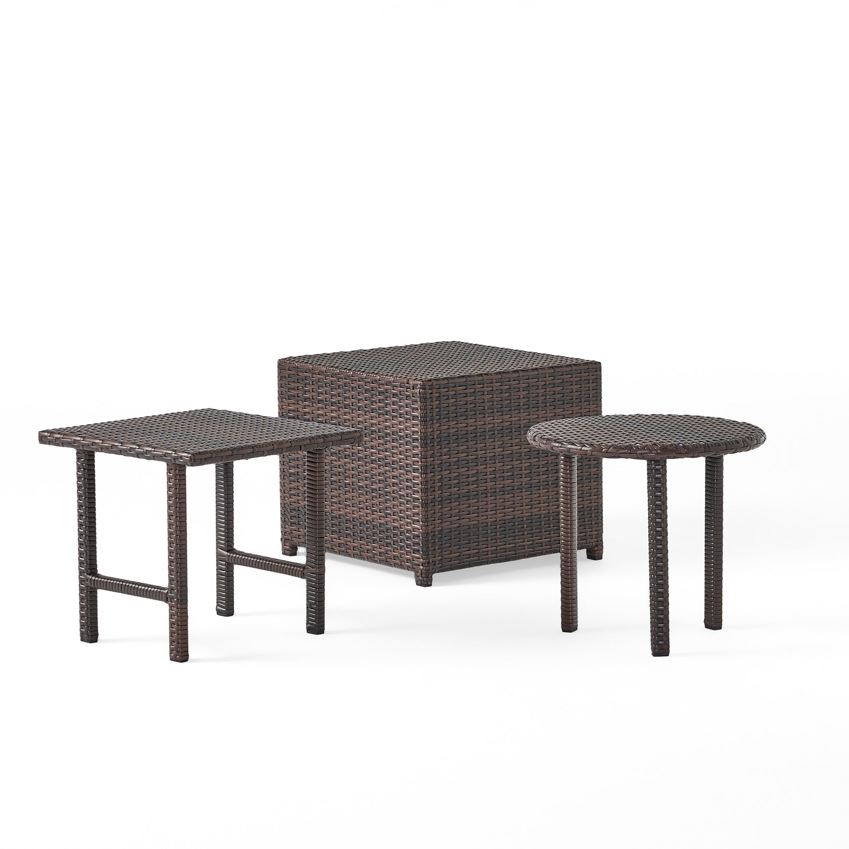 Lakeport Outdoor 3pc Brown Wicker Side Table Set GDFStudio
