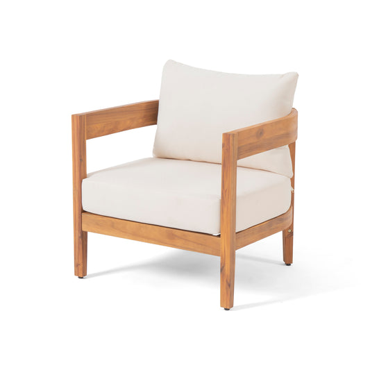 Burrough Outdoor Acacia Wood Club Chair with Cushions, Teak and Beige