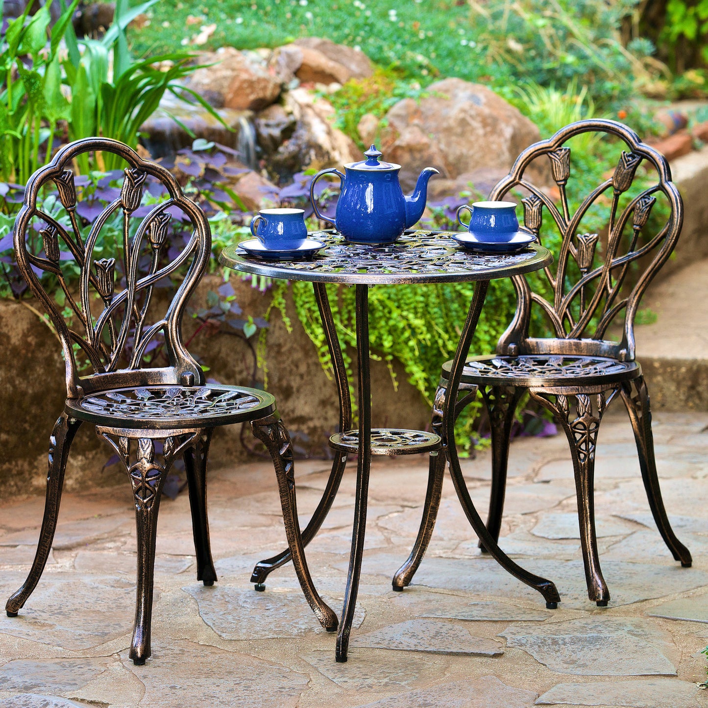 New Outdoor Vintage Style Cast Aluminum Bistro Set with Tulips