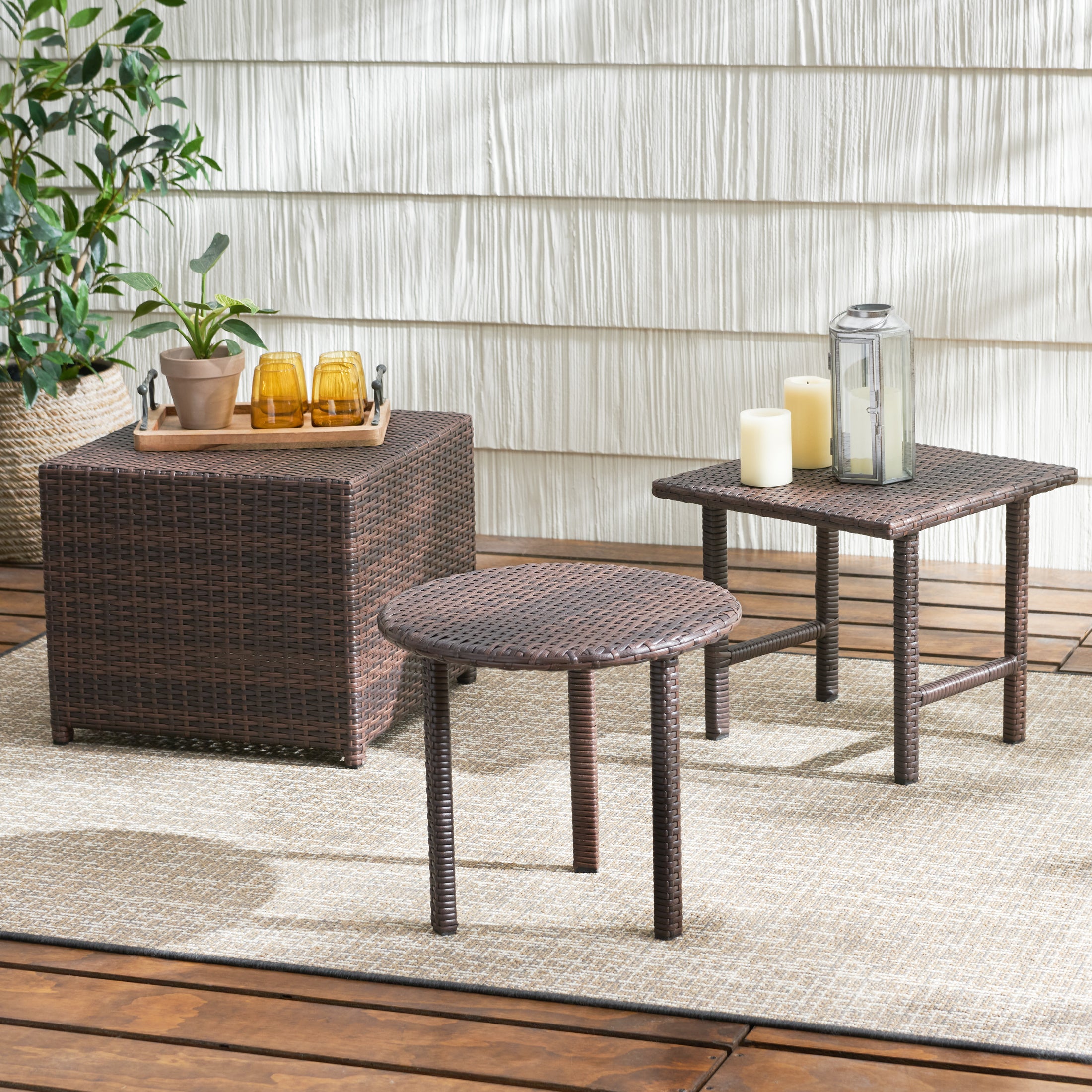 Lakeport Outdoor 3pc Brown Wicker Side Table Set GDFStudio