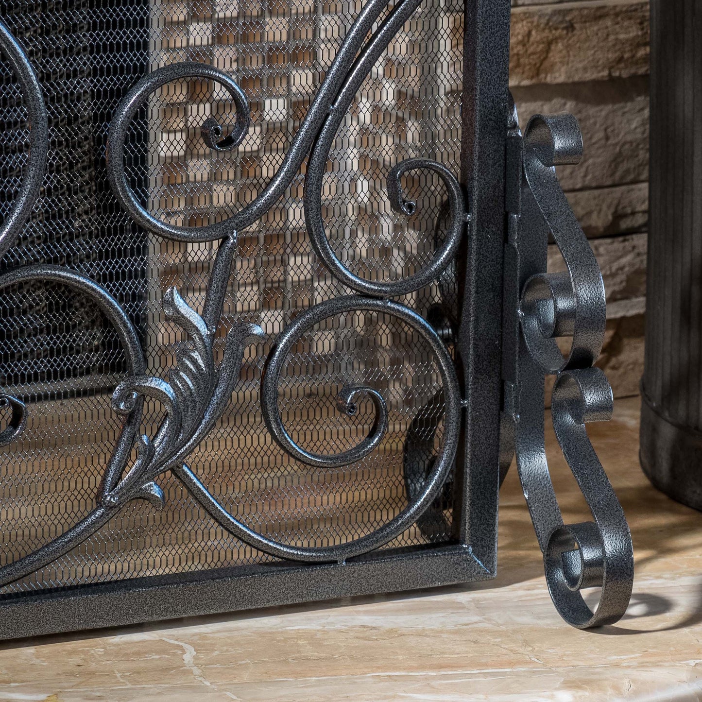 Darcie Black Brushed Silver Finish Wrought Iron Fireplace Screen