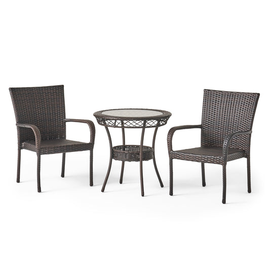 Ferndale Outdoor 3-Piece Multi-Brown Wicker Bistro Set with Tempered Glass Top