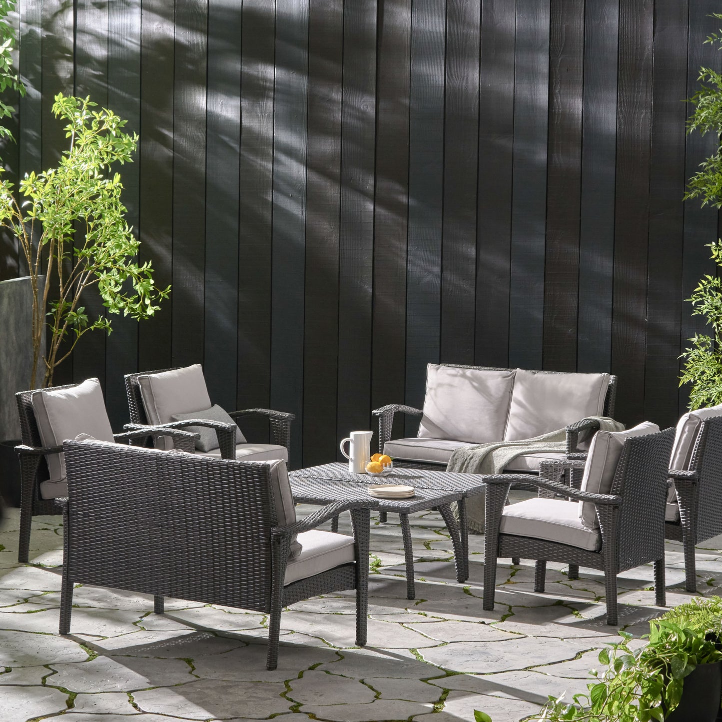 Voyage Outdoor 8 Piece Gray Wicker Chat Set with Cushions