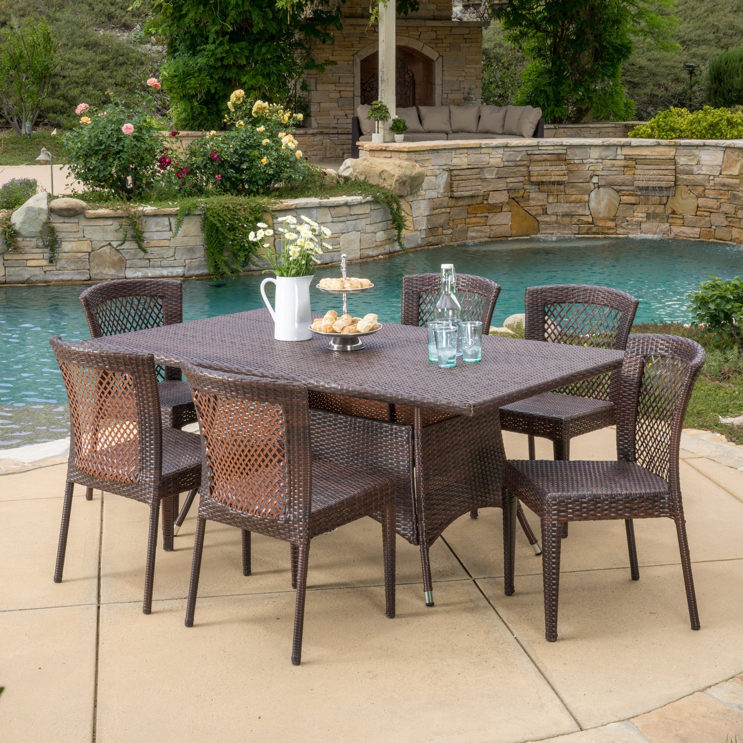 Perry Outdoor 7-Piece Multi-Brown Wicker Dining Set with Umbrella Hole