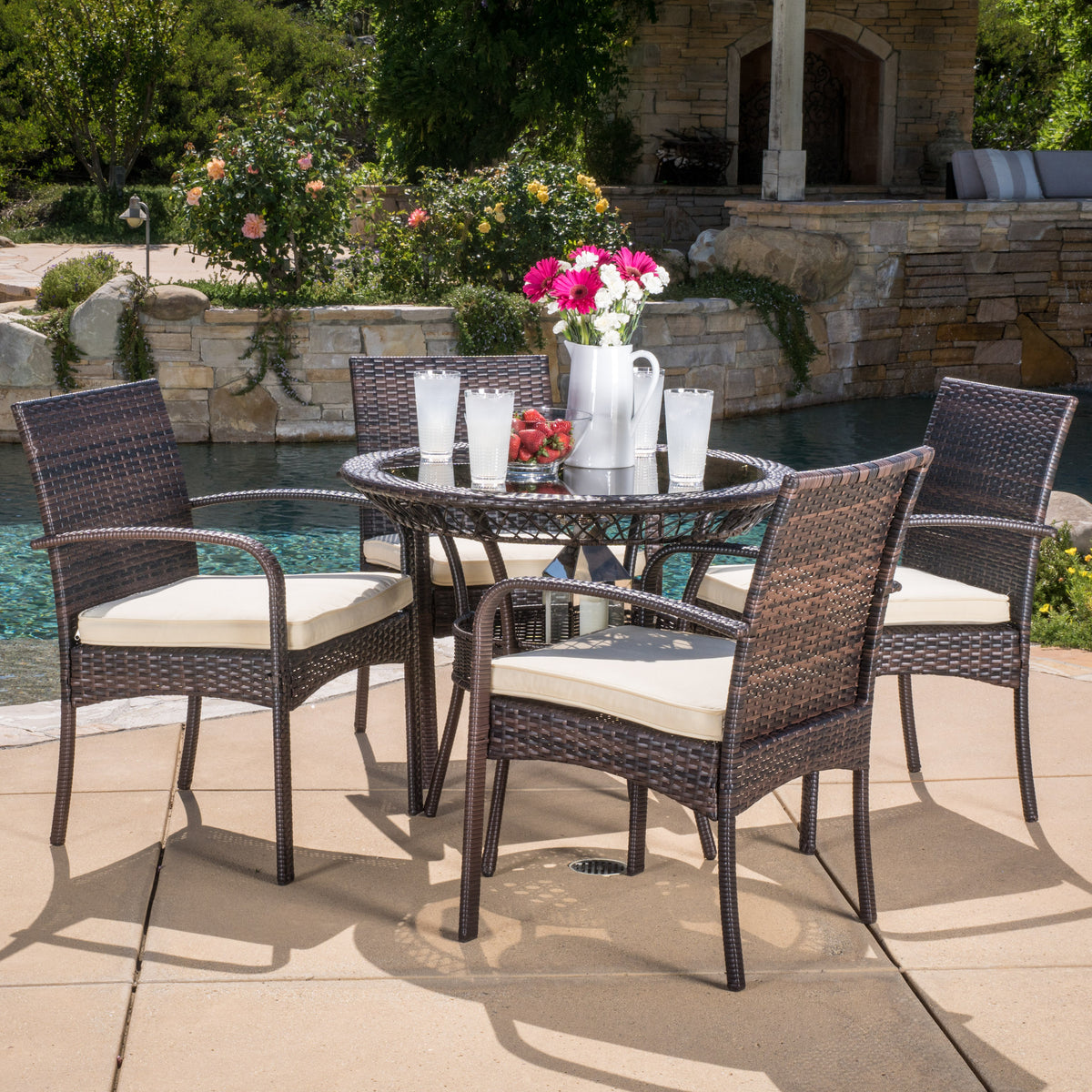 Blake Backyard Set Blake Outdoor 5-piece Wicker Dining Set with Cushions – GDFStudio