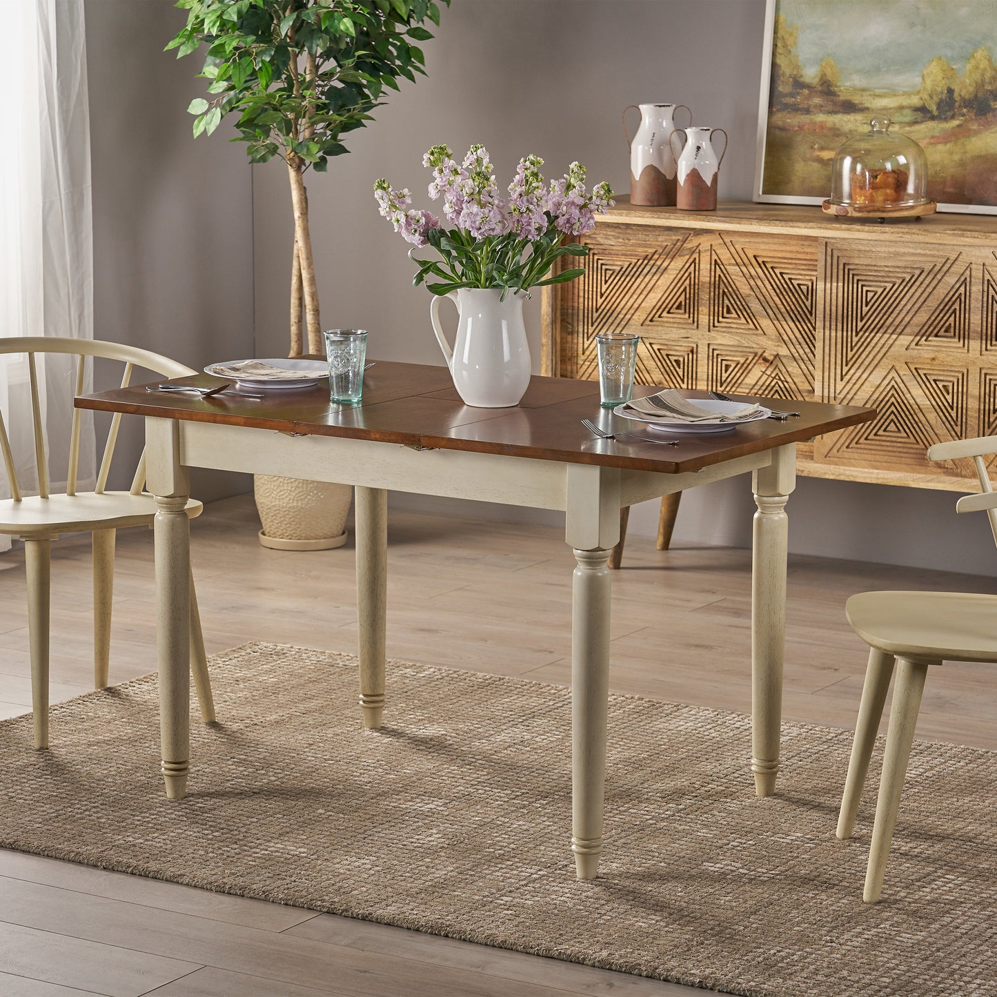 Broughton Rustic Wood Dining Table with Extendable Leaf, Dark Oak and Antique White