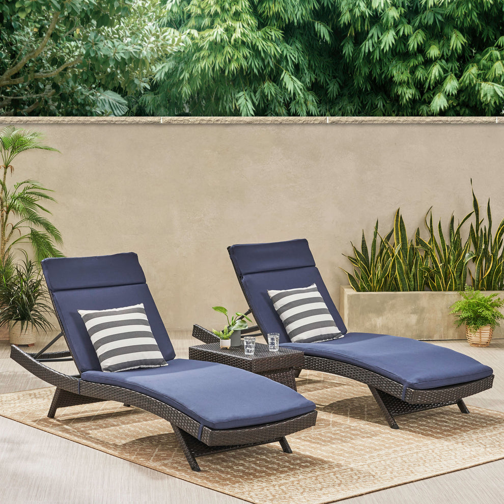 Lakeport Outdoor 3piece Wicker Adjustable Chaise Lounge Set with Cush GDFStudio