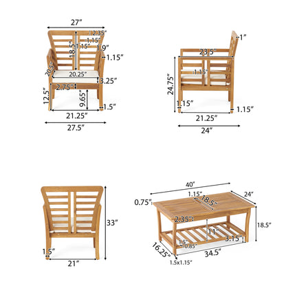 Louis Outdoor 4-piece Solid Wood Chat Set with Cushions