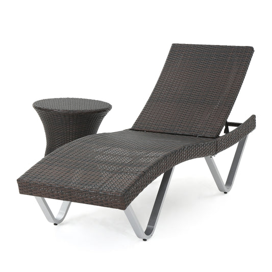 Manuela Outdoor Multi Brown Wicker Chaise Lounge with Table