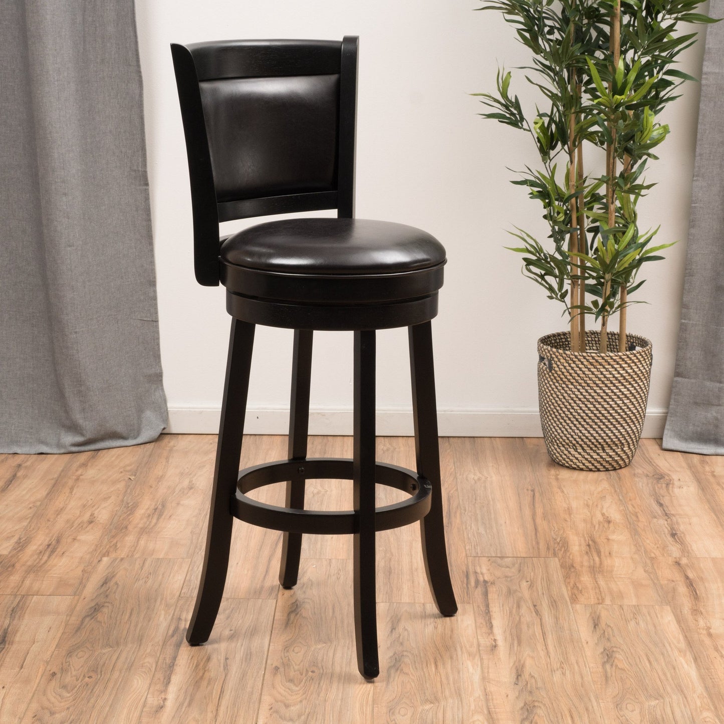 Traditional Upholstered Espresso Leather Swivel Backed Barstool with Wood Frame