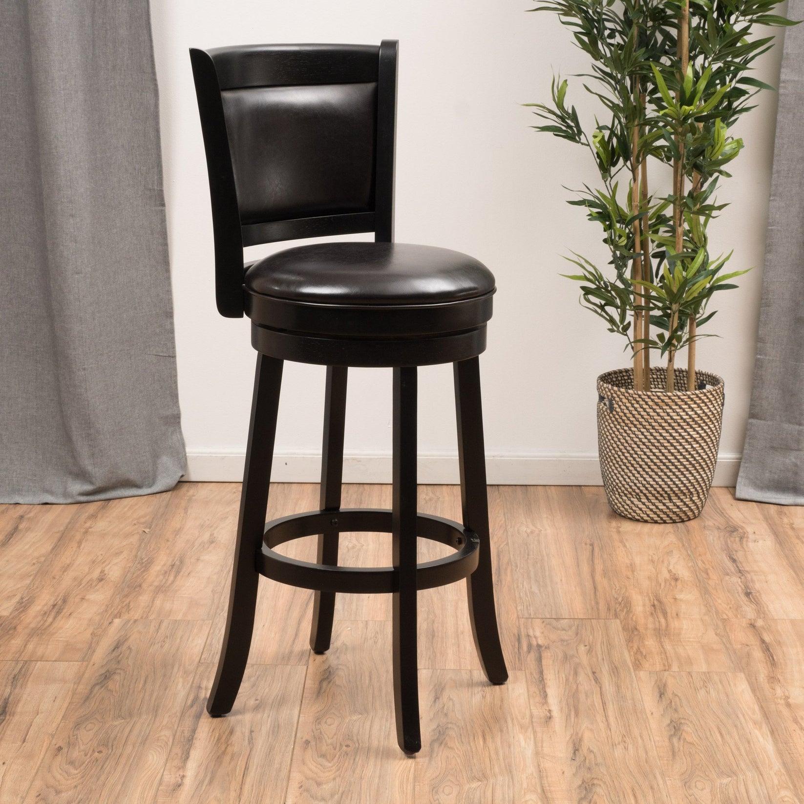 Traditional Upholstered Espresso Leather Swivel Backed Barstool with W ...