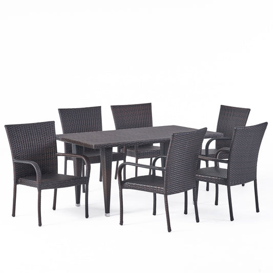 Yomunt Outdoor 7-Piece Multi-Brown Wicker Dining Set with Stackable Chairs