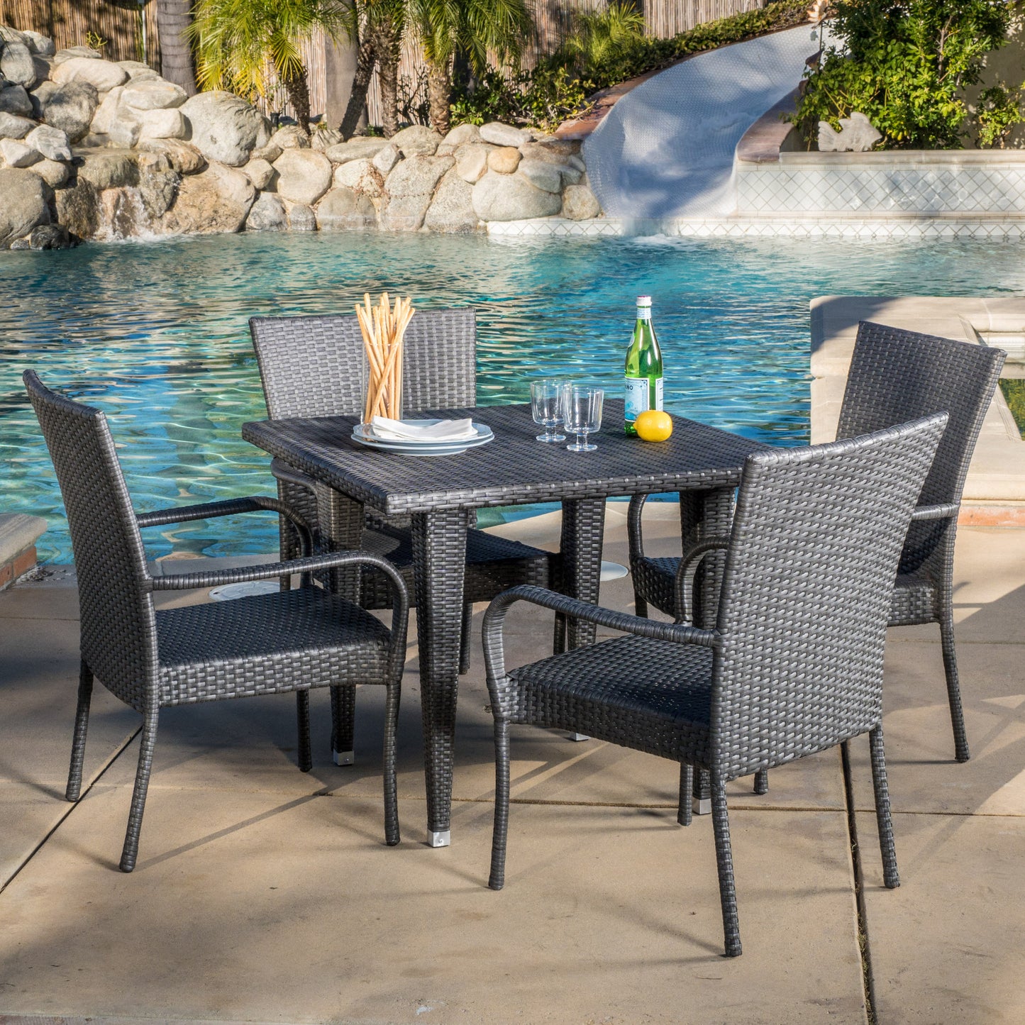 Antonio Outdoor 5-Piece Gray Wicker Dining Set with Stackable Chairs