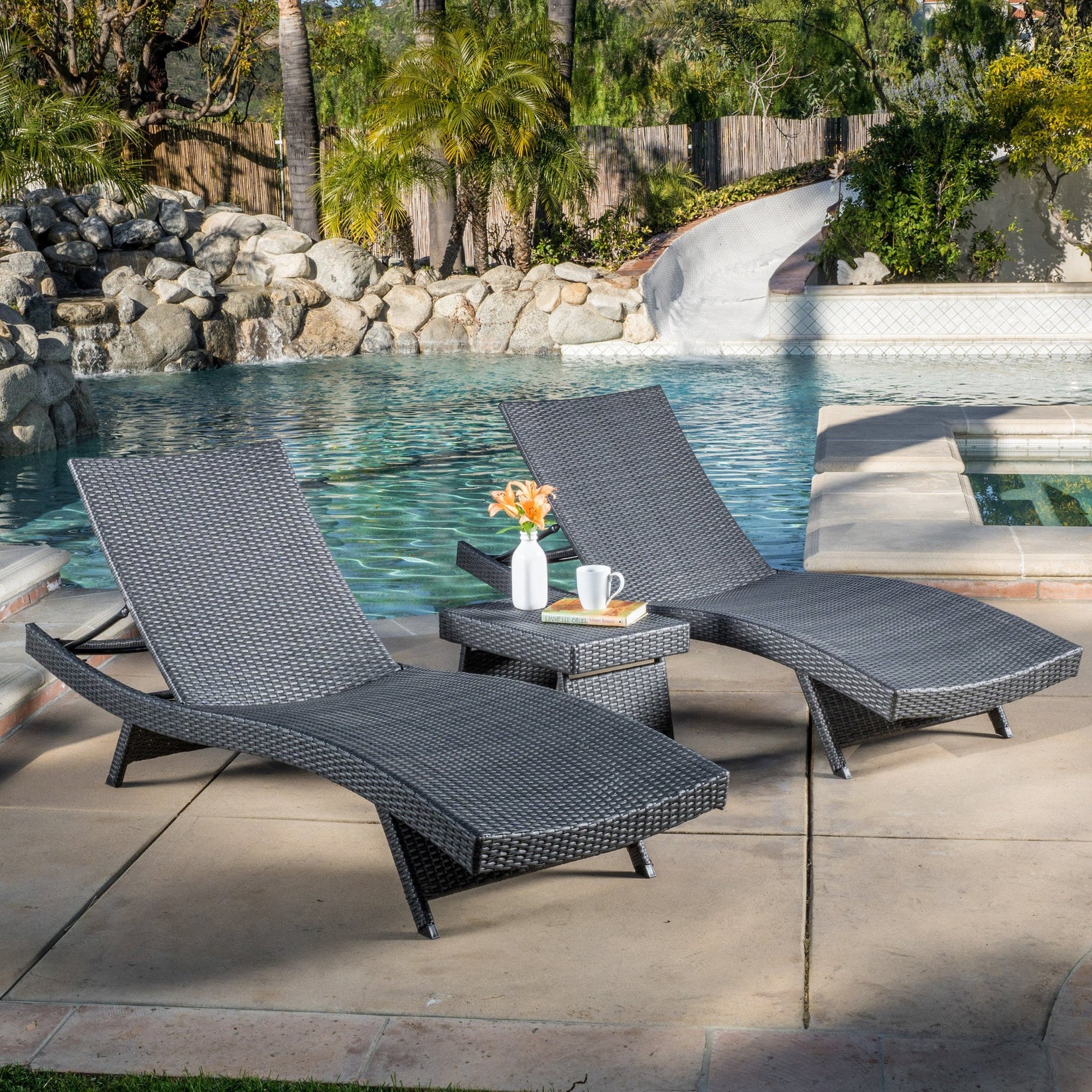 Lakeport Outdoor Grey Wicker 3piece Adjustable Chaise Lounge Set