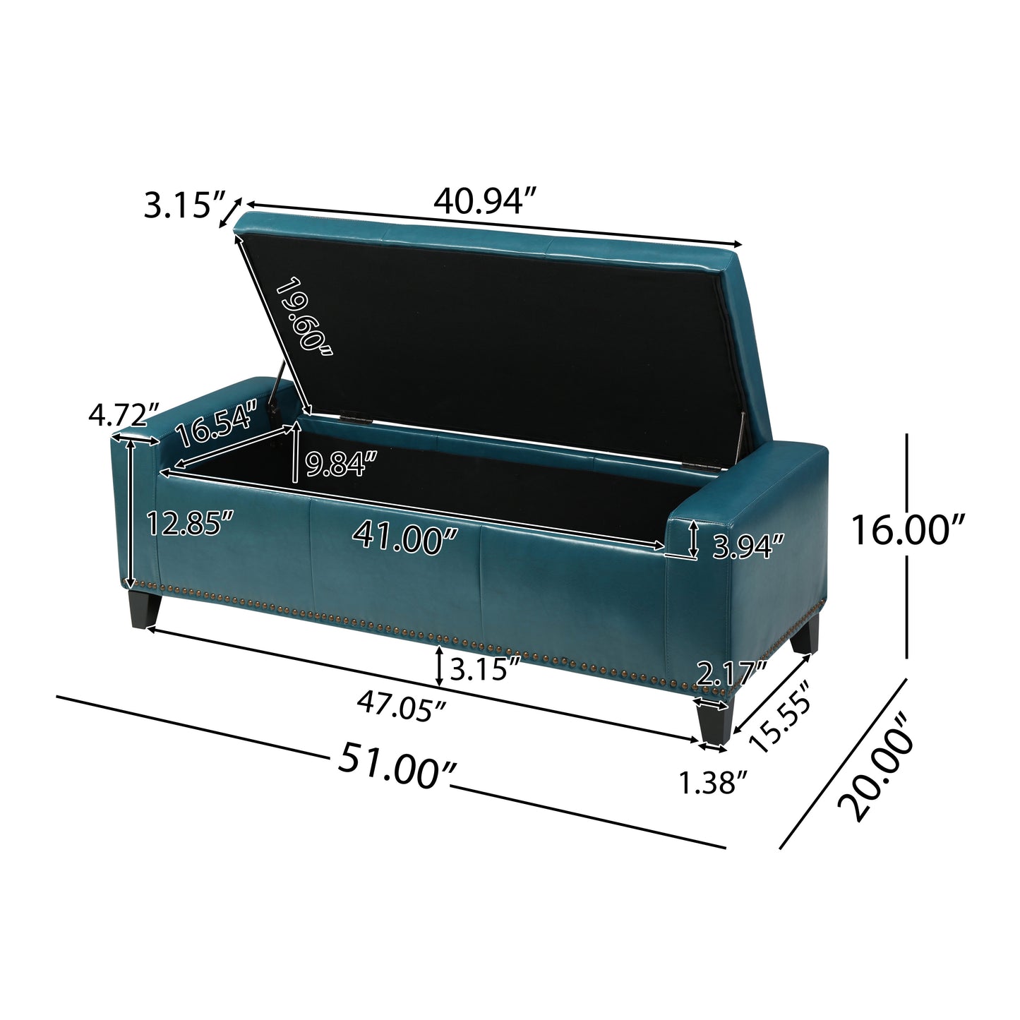 Robin Studded Teal Leather Storage Ottoman Bench