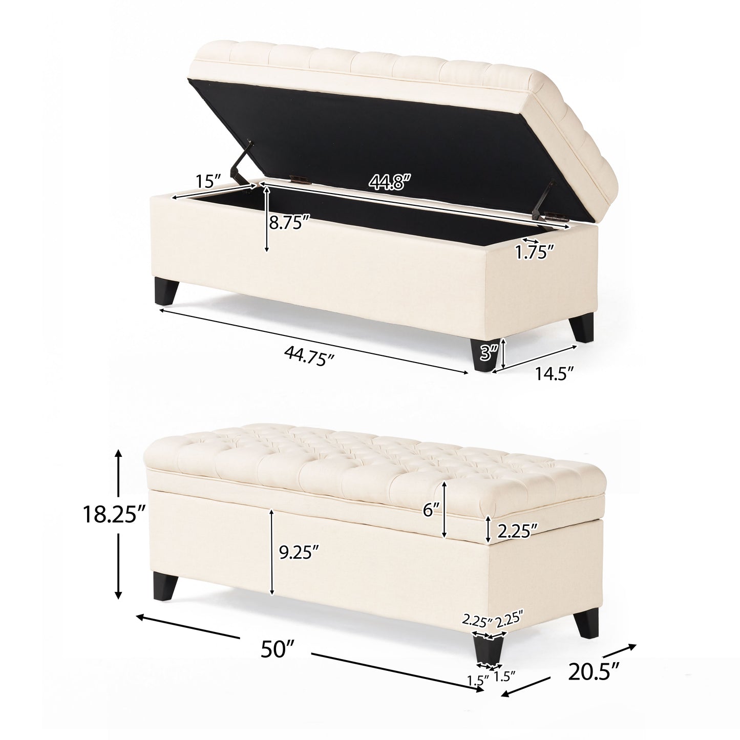 Sheffield French Style Beige Fabric Tufted Storage Ottoman Bench