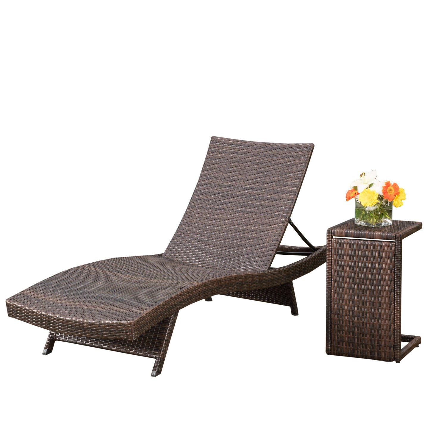 Modern Multi-Brown Wicker Chaise Lounge Set with C-Shaped End Table