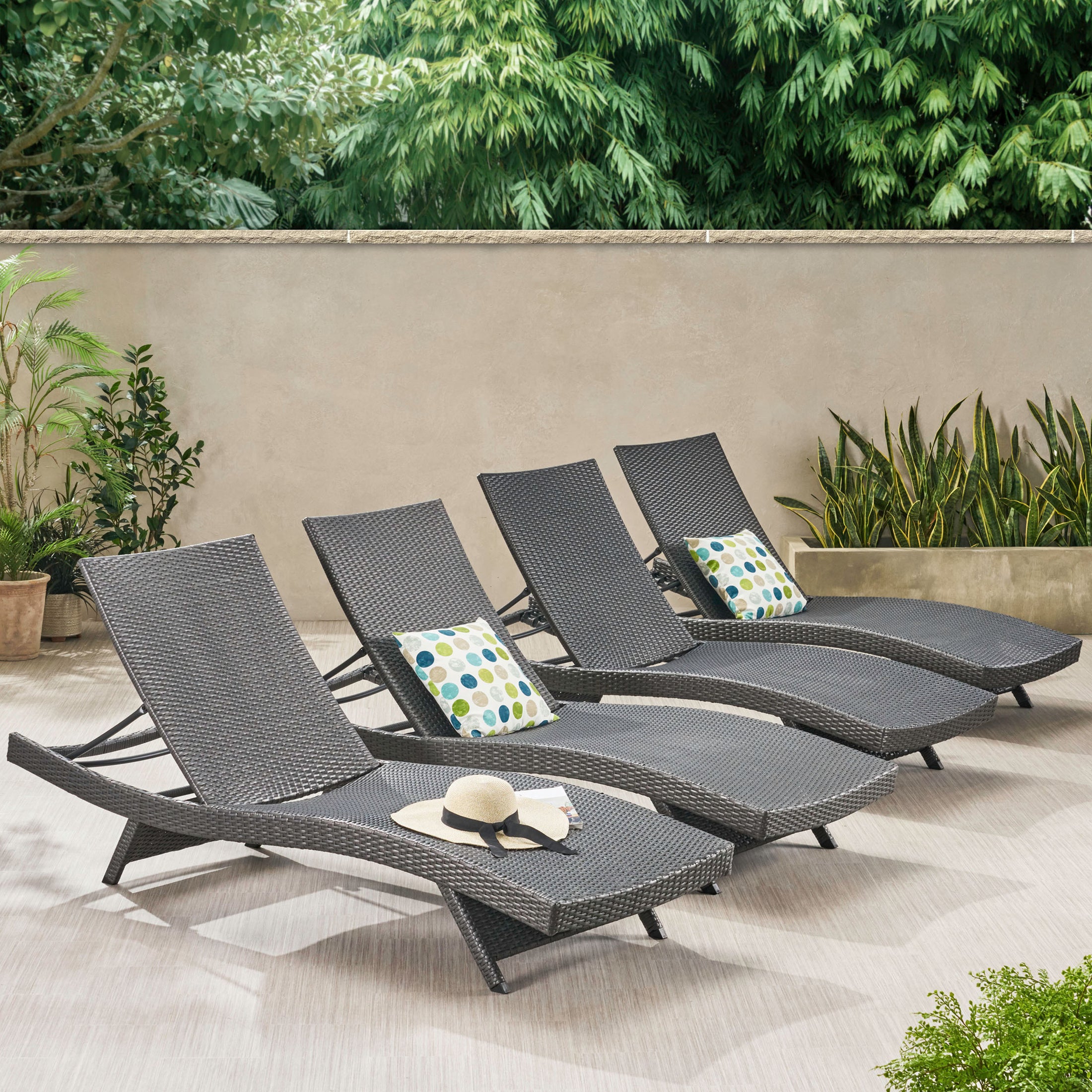 Olivia Grey Outdoor Wicker Chaise Lounge Adjustable (Set of 4) GDFStudio