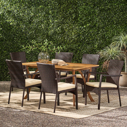 Caprise 7 Piece Outdoor Dining Set (Wood Table w/ Wicker Chairs)