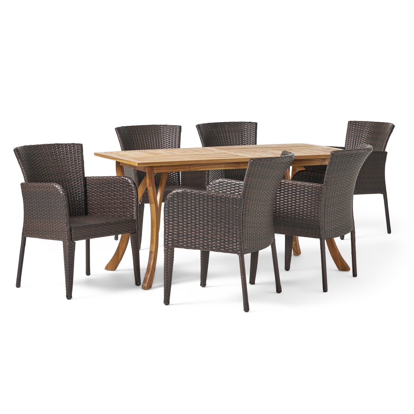 Helton Outdoor 7-Piece Multi-Brown Wicker Dining Set with Teak Acacia Wood Table