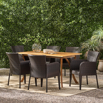Helton Outdoor 7-Piece Multi-Brown Wicker Dining Set with Teak Acacia Wood Table