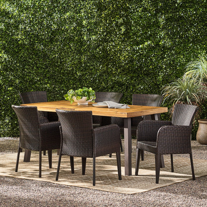 Helton 7 Piece Outdoor Dining Set (Wood Table w/ Wicker Chairs)