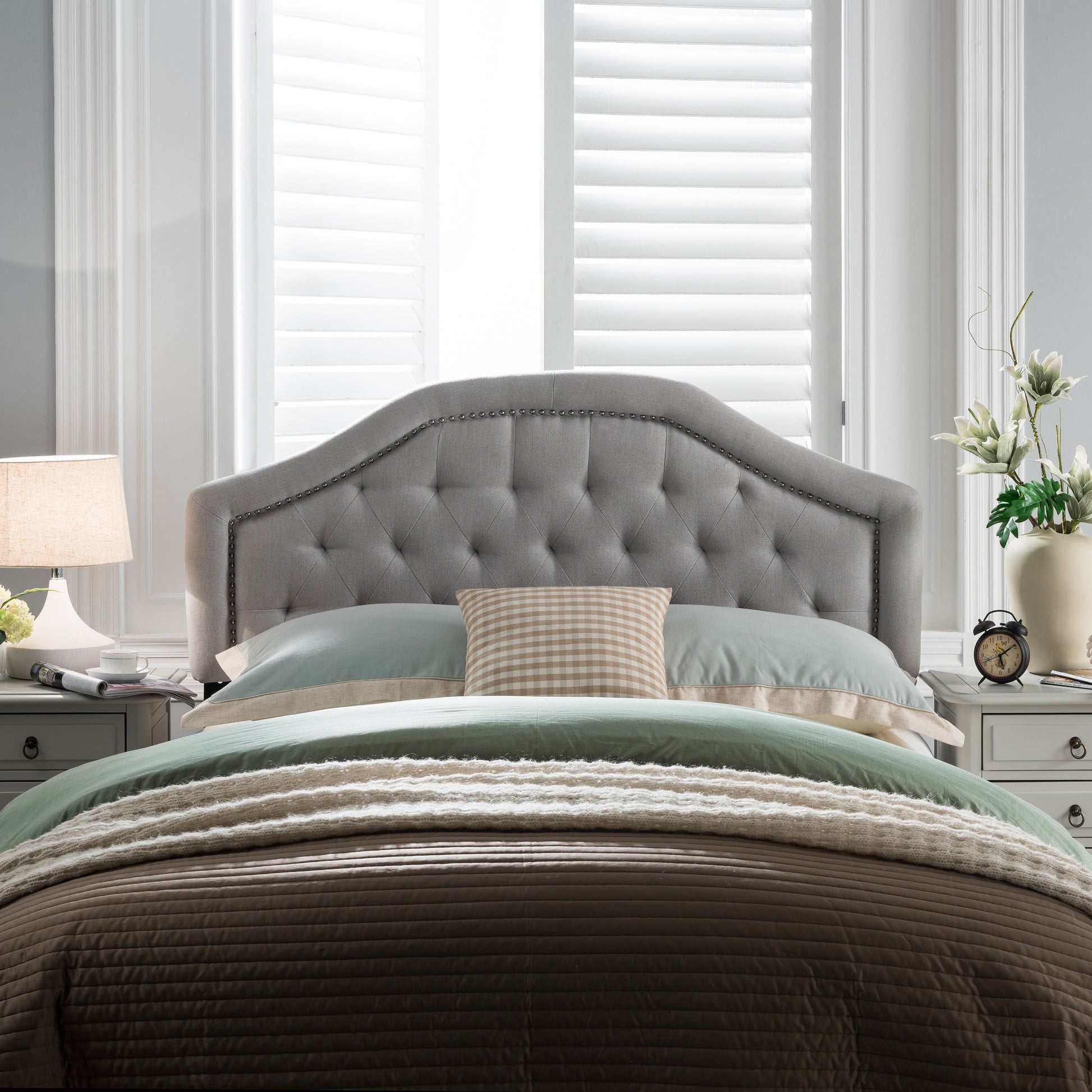 Hecha Tufted Light Acce GDFStudio Headboard with Nailhead Fabric – Gray Full/Queen