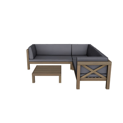 Brava Outdoor 4 Piece V-Shaped Acacia Wood Sectional Sofa and Coffee Table Set