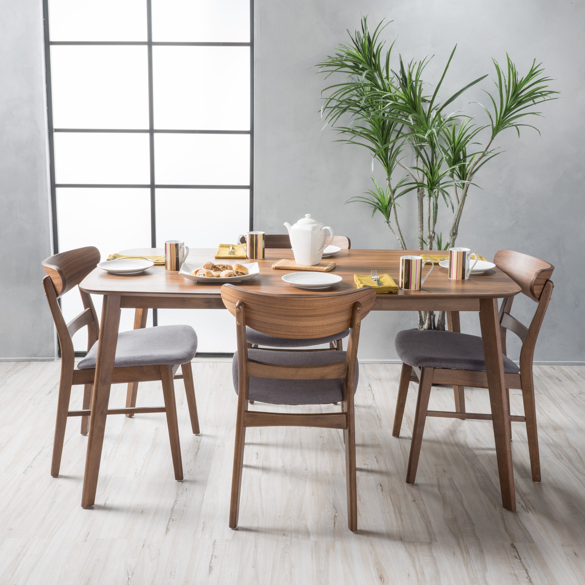 5 Pieces Modern Dining Table Set with 1 Rectangular Table and 4 Chairs  Fabric Cushion for 4 All Rubber wood Kitchen Dining Table for Dining Room  Kitchen Small Space Walnut Color and Grey 