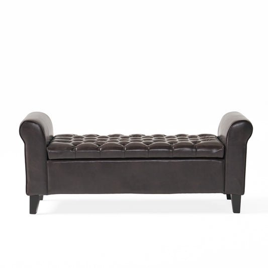 Charlemagne Rolled Arm Tufted Leather Storage Ottoman Bench