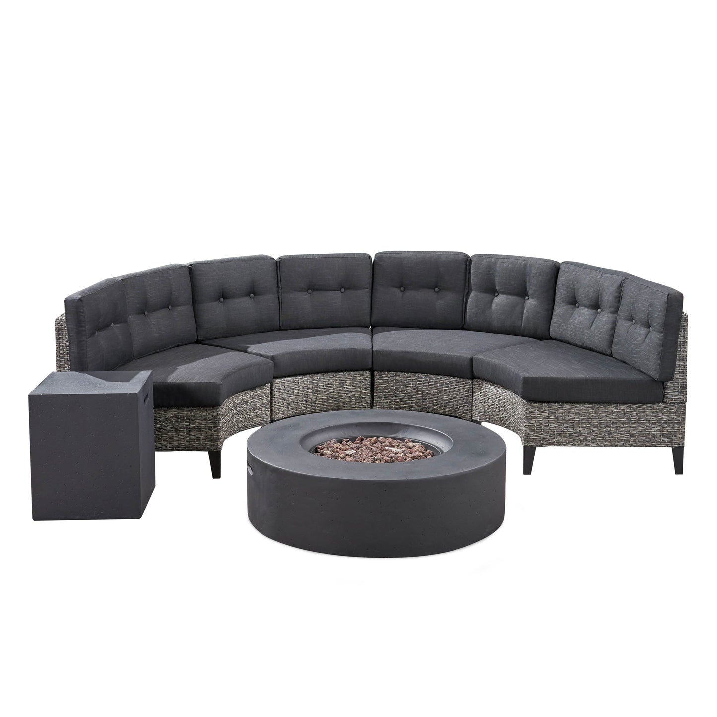 Nessett Outdoor 6 Piece Mixed Black Wicker Half Round Sofa Set with Dark Grey Fire Table