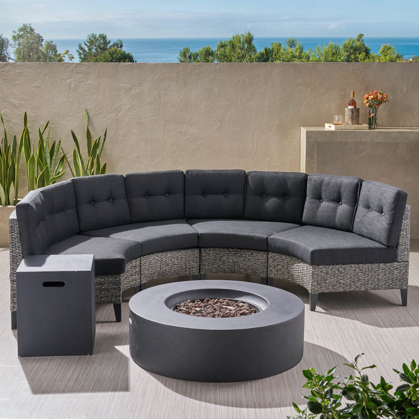Nessett Outdoor 6 Piece Mixed Black Wicker Half Round Sofa Set with Dark Grey Fire Table