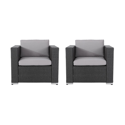 Verin Outdoor Grey Wicker Club Chair with Silver Water Resistant Fabric Cushions (Set of 2)