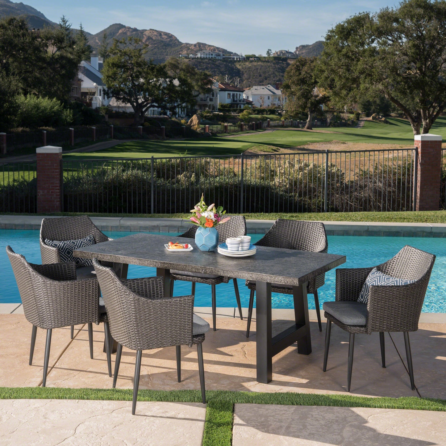 Noah Outdoor 7 Piece Wicker Dining Set with Light Weight Concrete Dining Table