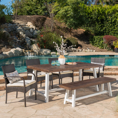 Louise Outdoor 6 Piece Wicker & Acacia Wood Dining Set