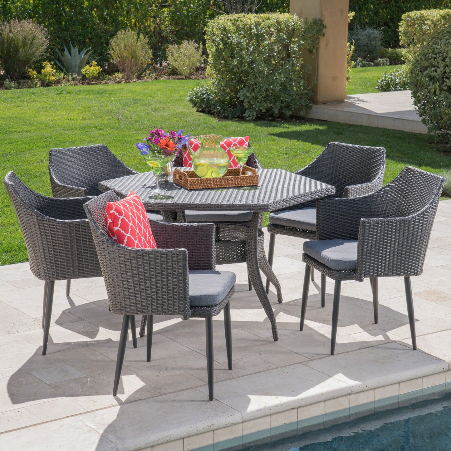 Andre Outdoor 7 Piece Wicker Hexagon Dining Set with Water Resistant Cushions