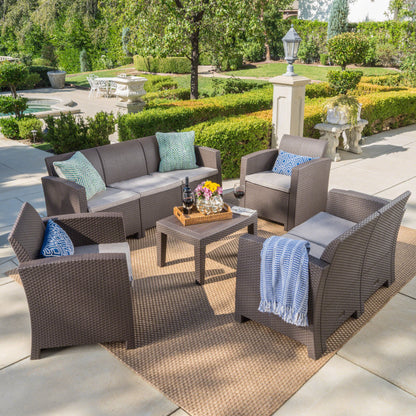 Dayton Outdoor 5 Piece Faux Wicker Rattan Chat Set with Sofa and Water Resistant Cushions