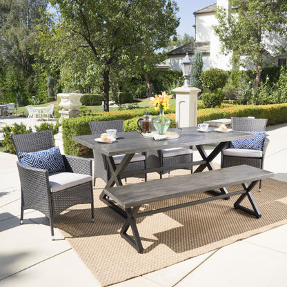 Owenburg Outdoor 6 Piece Aluminum Dining Set with Bench and Wicker Dining Chairs