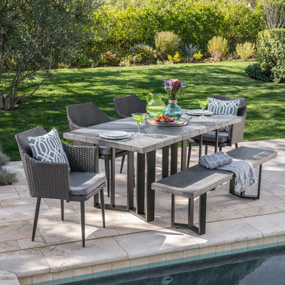 Tammy Outdoor 6 Piece Wicker Dining Set with Concrete Dining Table and Bench