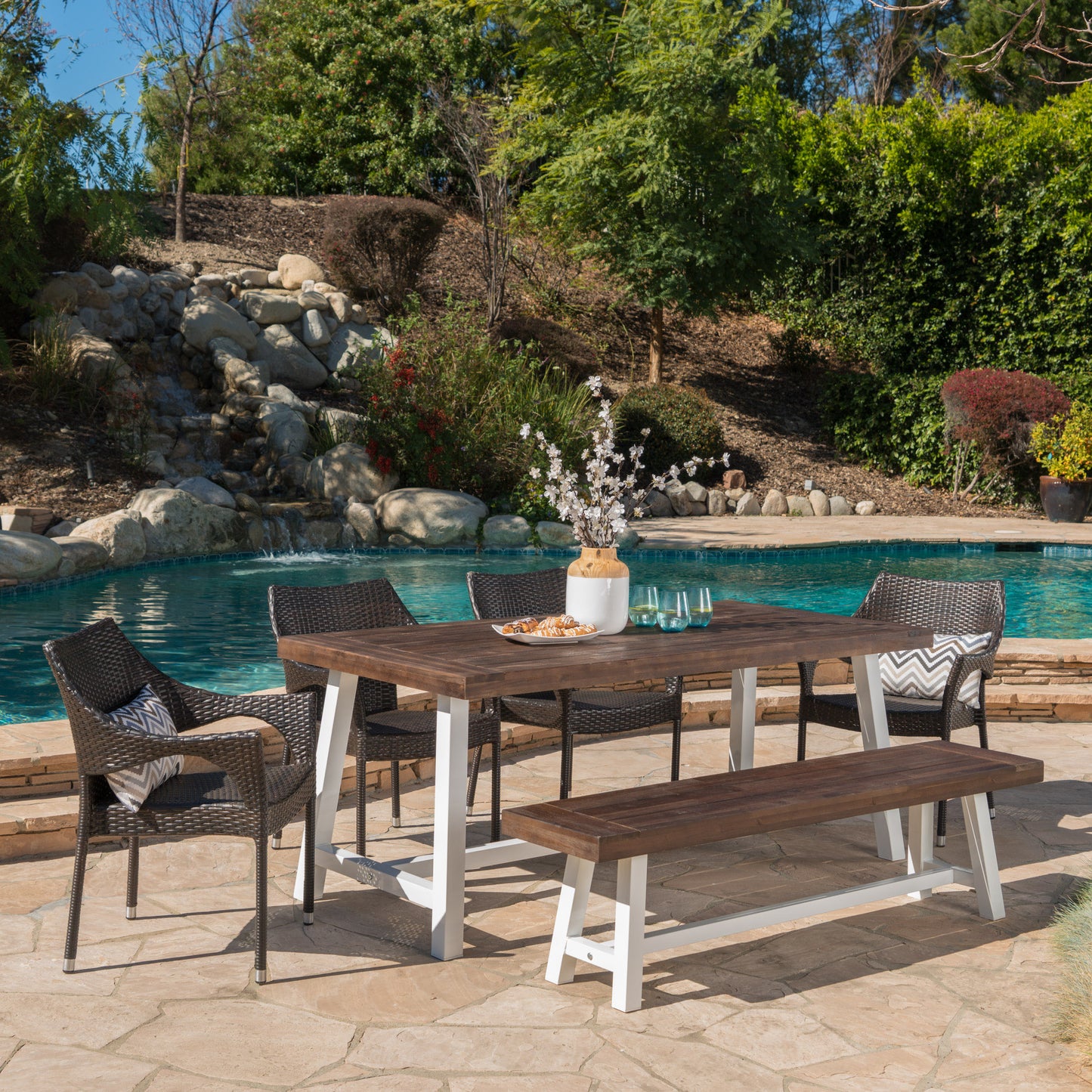 Flora Outdoor 6 Piece Wicker Dining Set with Acacia Wood Table and Bench