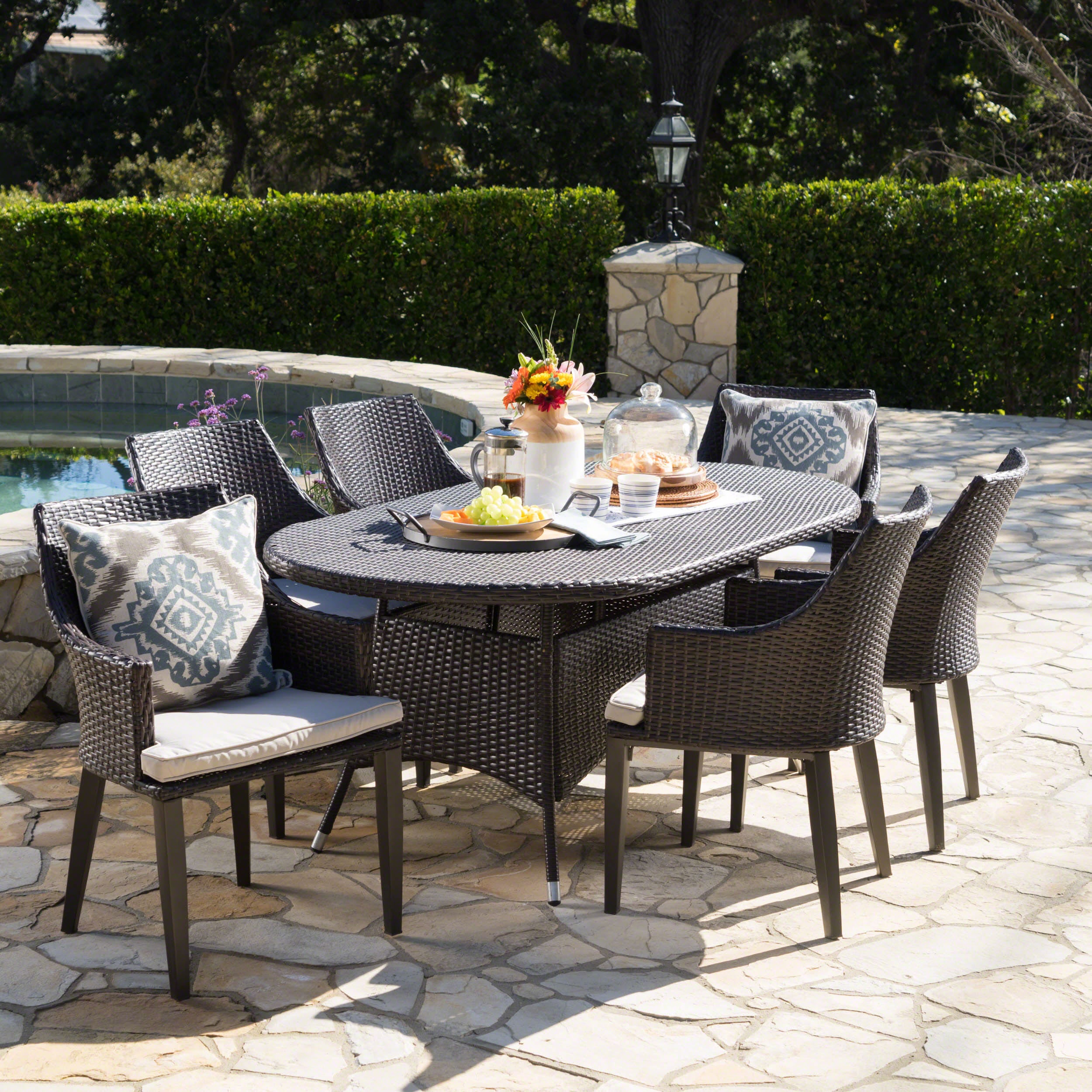 Leeward Outdoor 7 Piece Wicker Oval Dining Set – GDFStudio