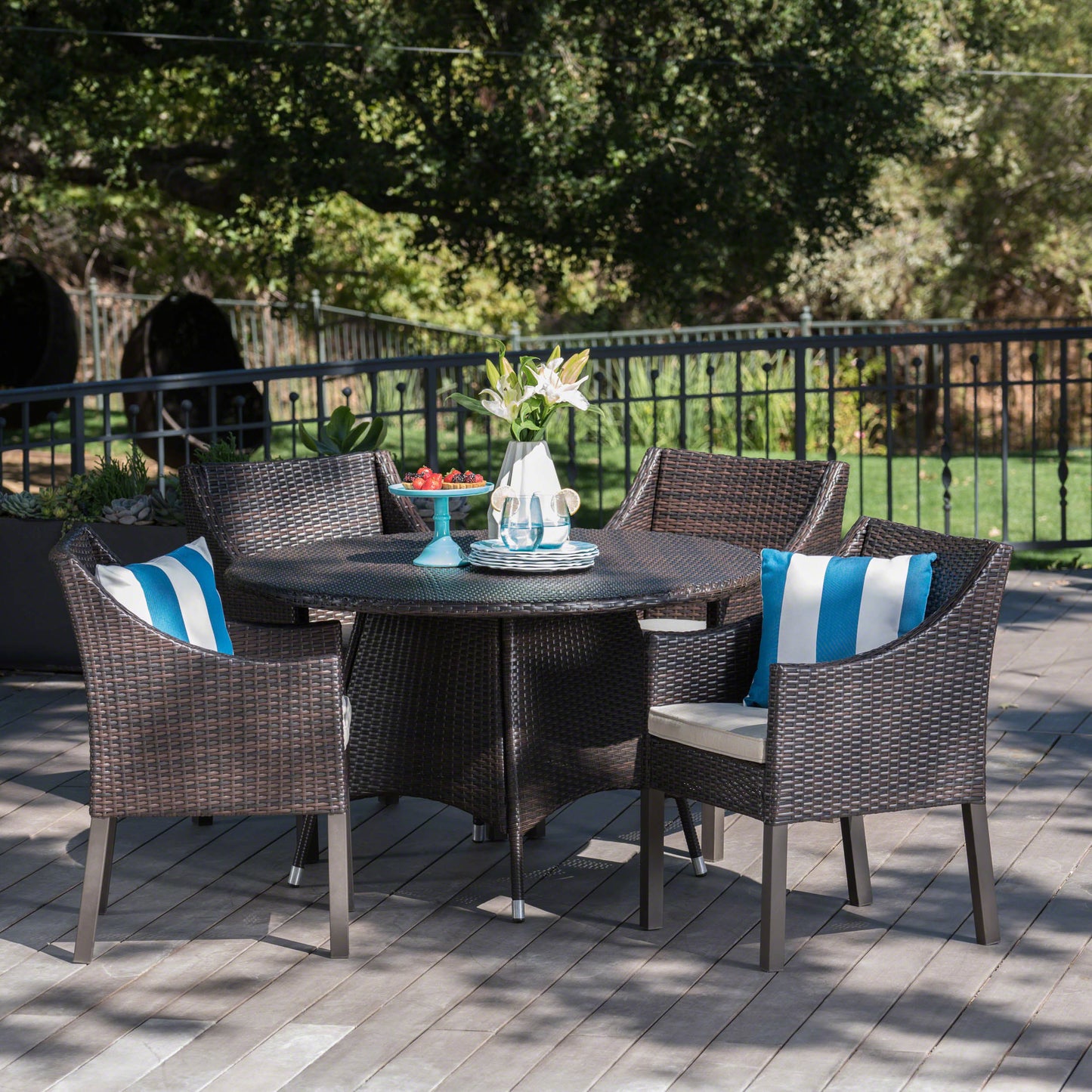 Frances Outdoor 5 Piece Wicker Dining Set with Water Resistant Cushions
