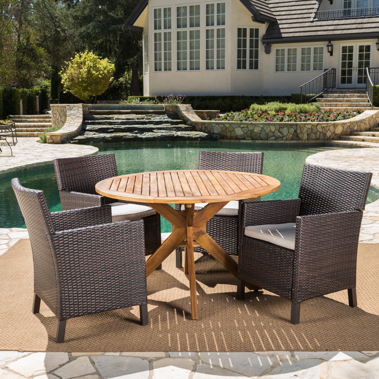 Orwel Outdoor 5 Piece Multi-brown Wicker Dining Set with Teak Finish Table